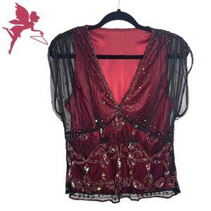 Y2K Style Sequined Sheer Mesh Art Deco Top